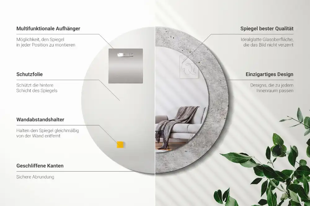 Kulaté zrcadlo tištěný rám šedý beton