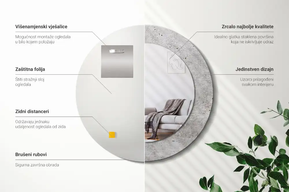 Kulaté zrcadlo tištěný rám šedý beton