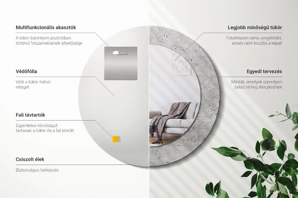 Kulaté zrcadlo tištěný rám šedý beton
