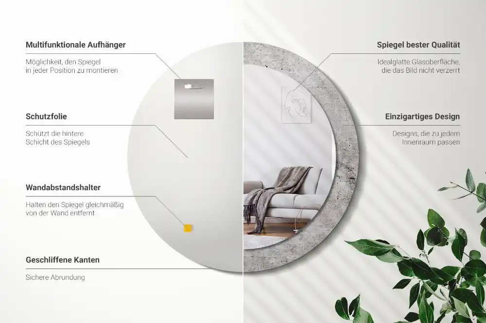 Kulaté zrcadlo tištěný rám šedý beton
