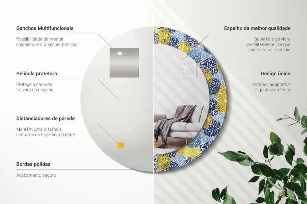 Kulaté zrcadlo tištěný rám světle modré květy