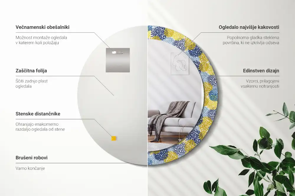 Kulaté zrcadlo tištěný rám světle modré květy