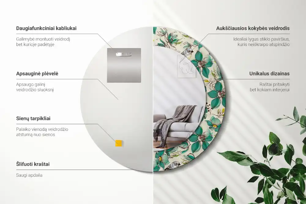 Kulaté zrcadlo tištěný rám ptáci a květiny