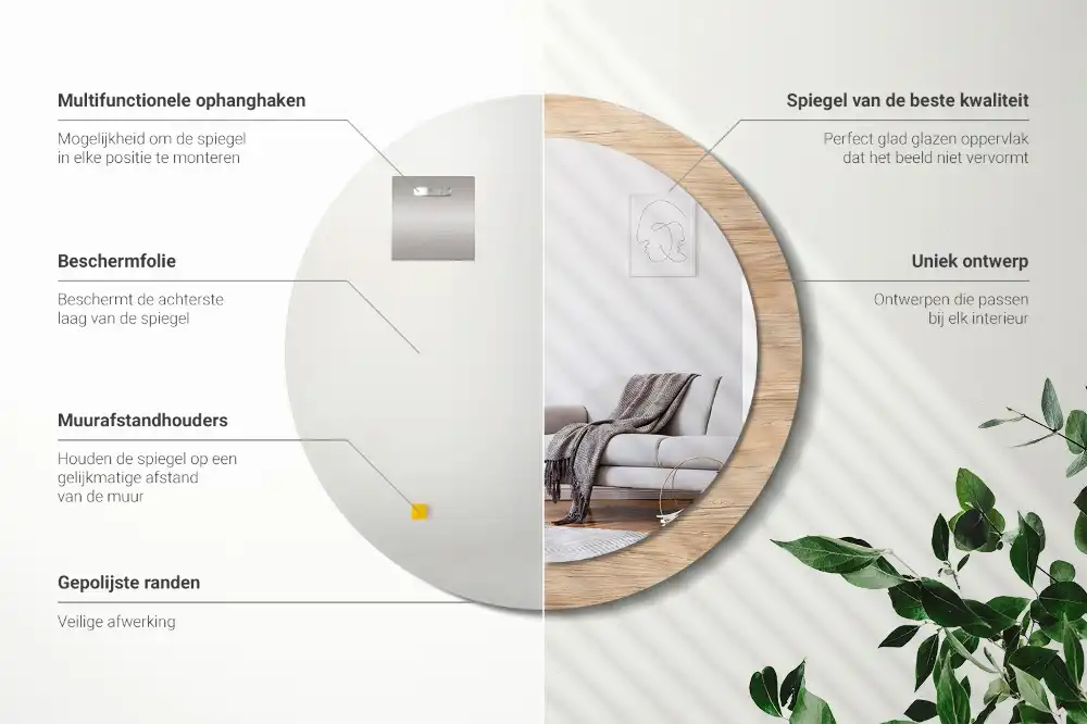 Kulaté zrcadlo tištěný rám dřevěný materiál