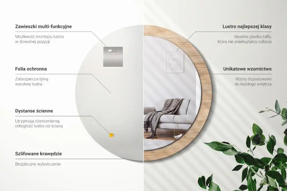 Kulaté zrcadlo tištěný rám dřevěný materiál
