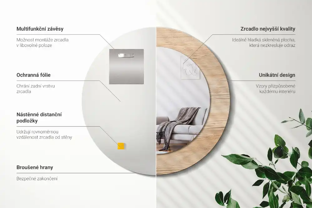 Kulaté zrcadlo tištěný rám dřevěný materiál