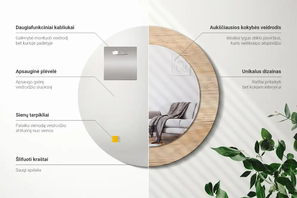 Kulaté zrcadlo tištěný rám dřevěný materiál