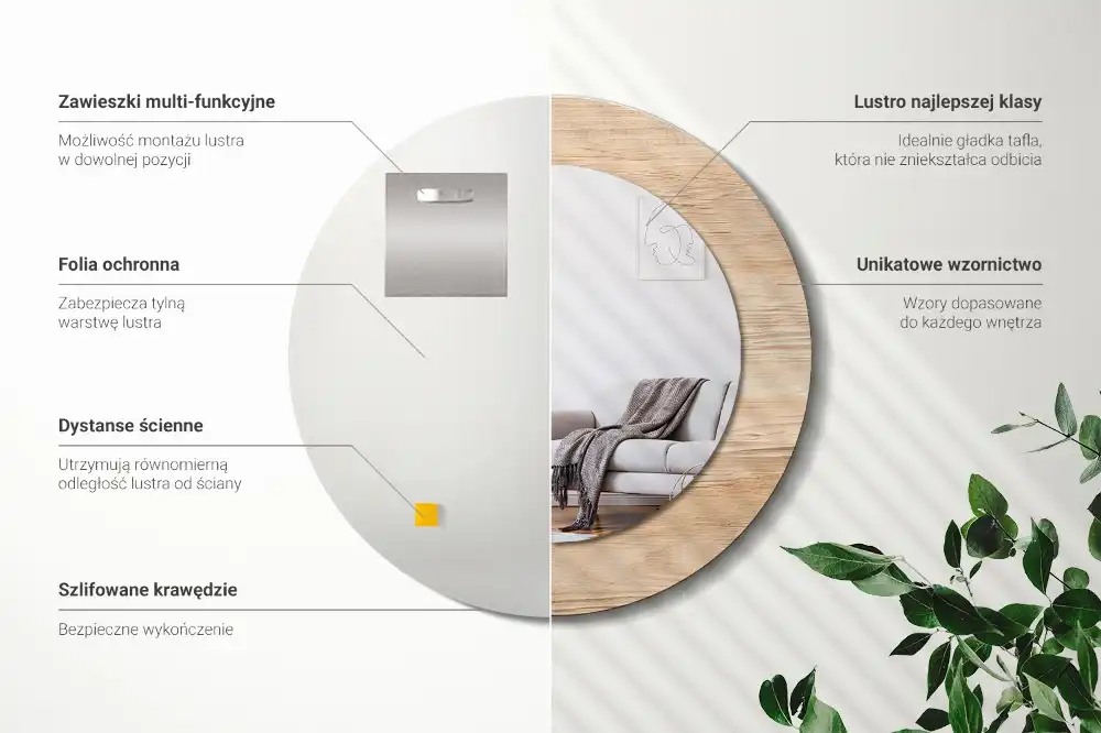 Kulaté zrcadlo tištěný rám dřevěný materiál