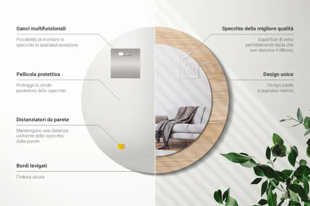 Kulaté zrcadlo tištěný rám dřevěný materiál