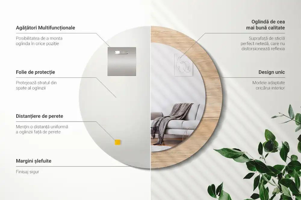 Kulaté zrcadlo tištěný rám dřevěný materiál