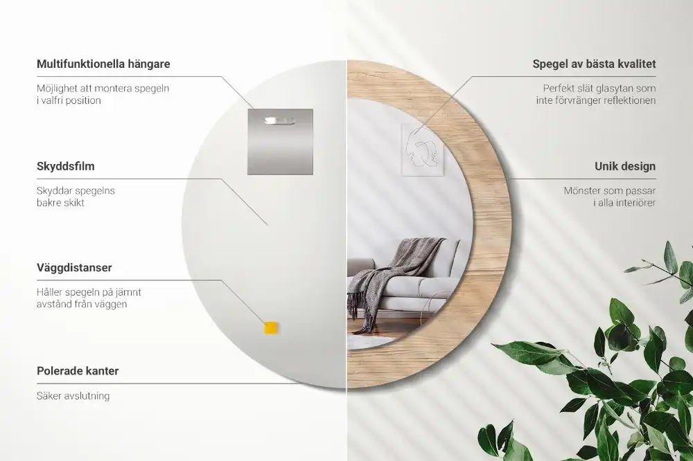 Kulaté zrcadlo tištěný rám dřevěný materiál
