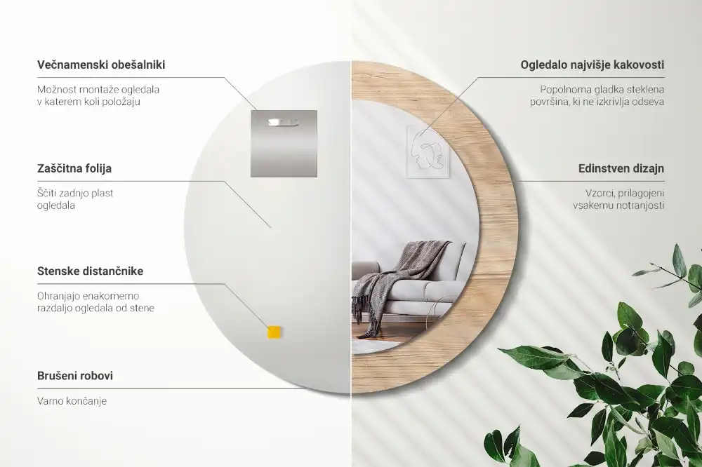 Kulaté zrcadlo tištěný rám dřevěný materiál