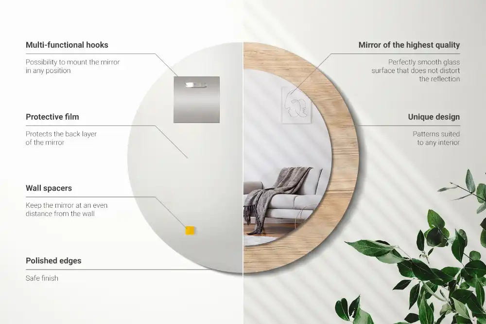 Kulaté zrcadlo tištěný rám dřevěný materiál