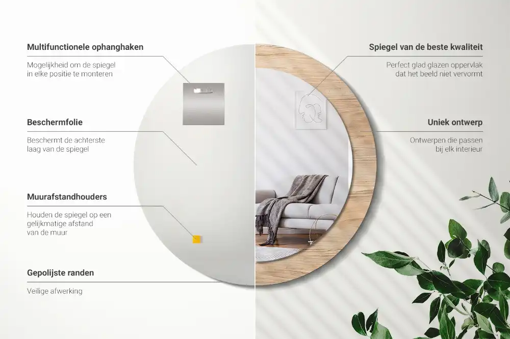 Kulaté zrcadlo tištěný rám dřevěný materiál