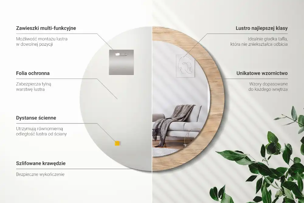 Kulaté zrcadlo tištěný rám dřevěný materiál