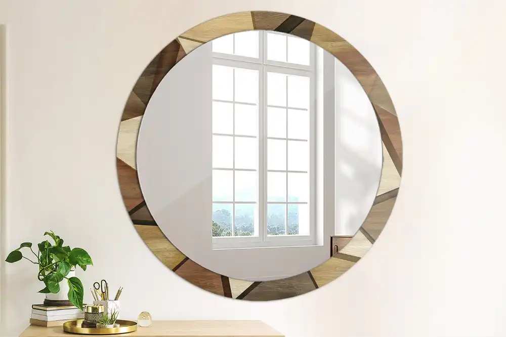 Kulaté zrcadlo tištěný rám trojrozměrné geometrické dřevo