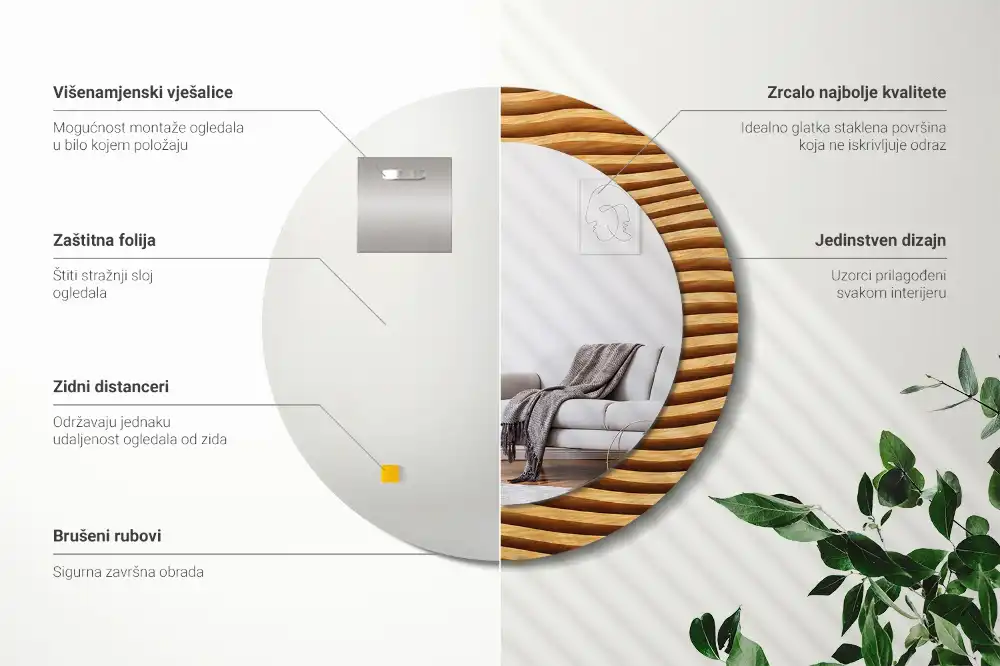 Kulaté zrcadlo tištěný rám dřevěná vlna