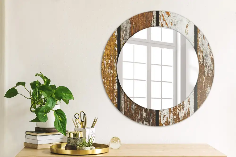 Kulaté zrcadlo tištěný rám patinované tmavé dřevo