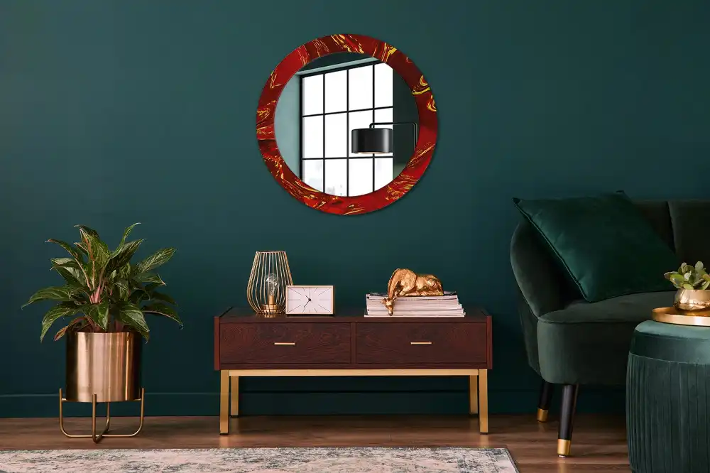 Kulaté zrcadlo tištěný rám červený mramor