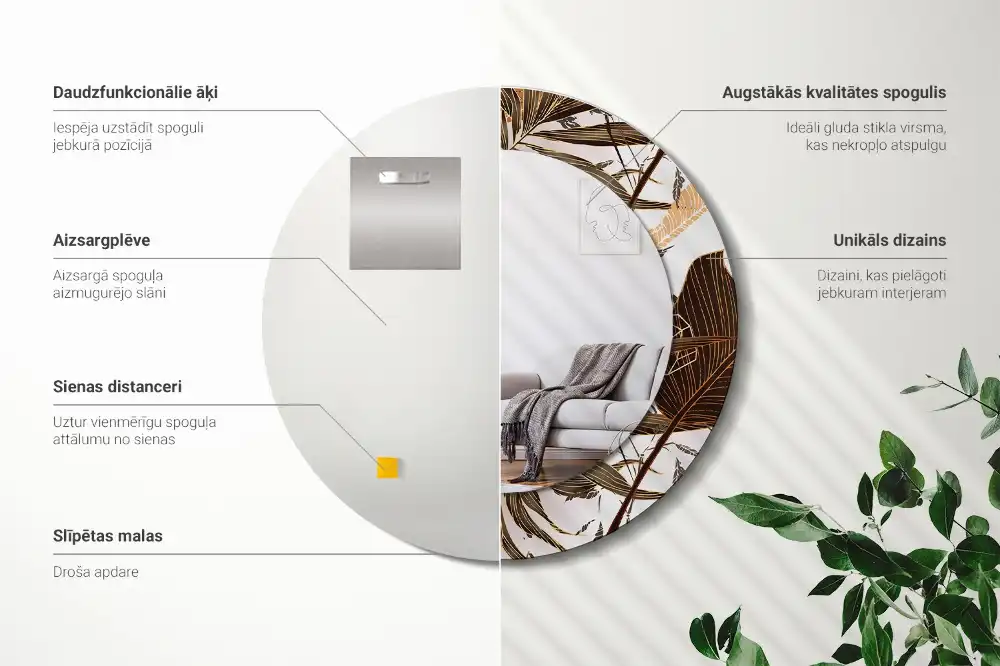 Kulaté dekorační zrcadlo na zeď palmové listy