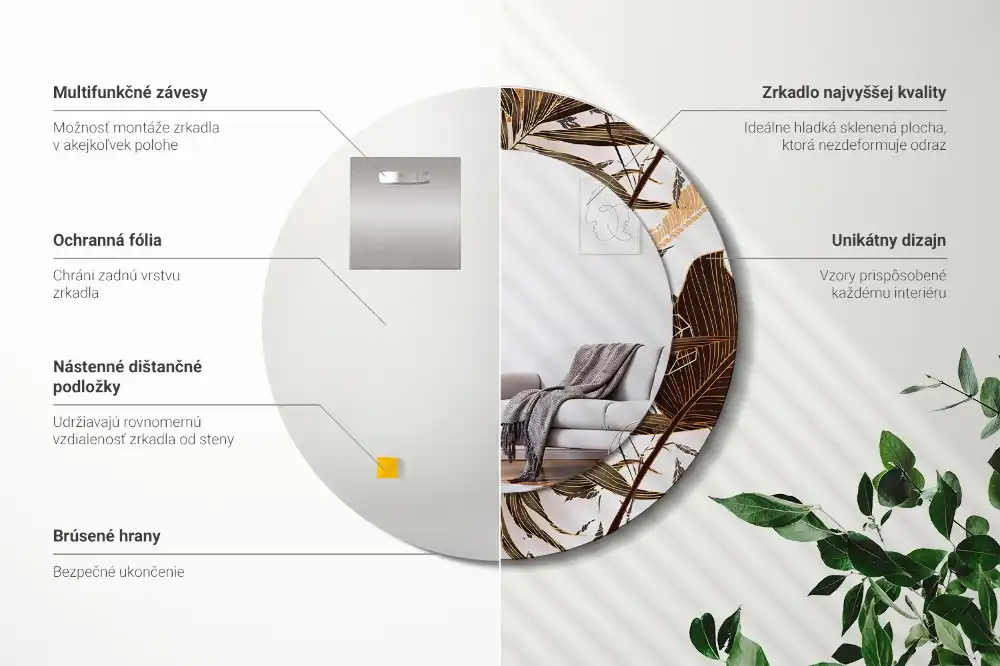 Kulaté dekorační zrcadlo na zeď palmové listy