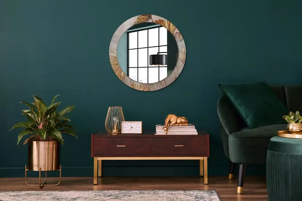 Kulaté dekorační zrcadlo na zeď listy ve stylu boho