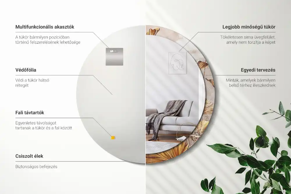 Kulaté dekorační zrcadlo na zeď listy ve stylu boho