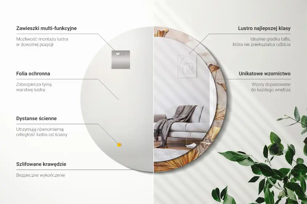 Kulaté dekorační zrcadlo na zeď listy ve stylu boho