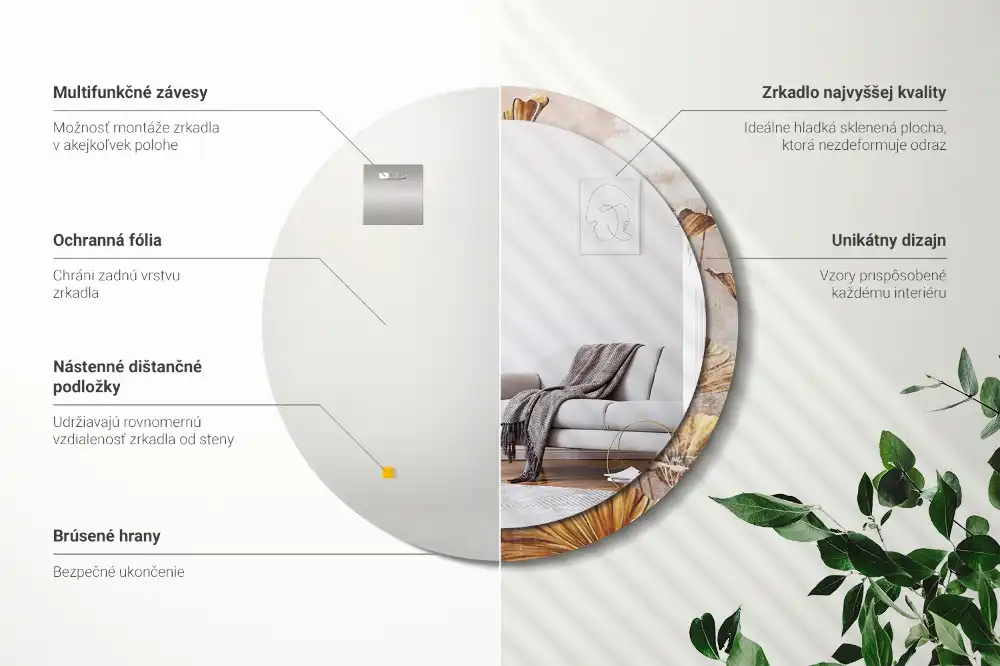 Kulaté dekorační zrcadlo na zeď listy ve stylu boho