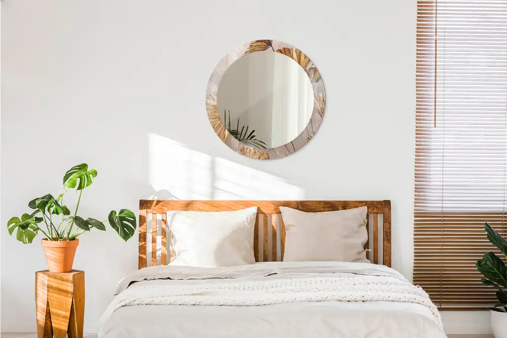 Kulaté dekorační zrcadlo na zeď listy ve stylu boho