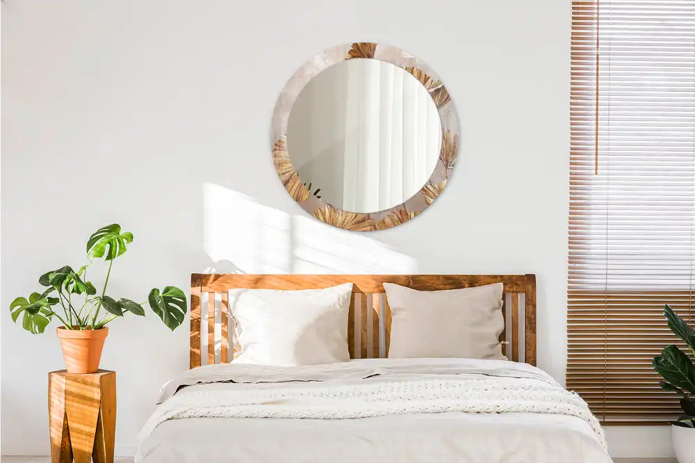 Kulaté dekorační zrcadlo na zeď listy ve stylu boho