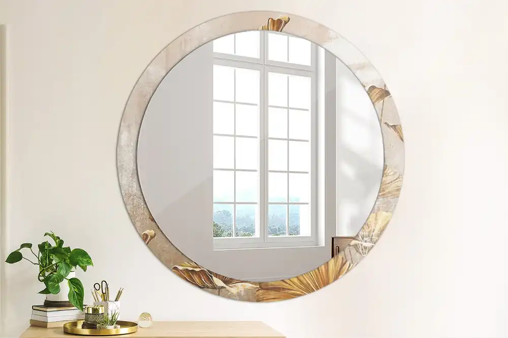 Kulaté dekorační zrcadlo na zeď listy ve stylu boho