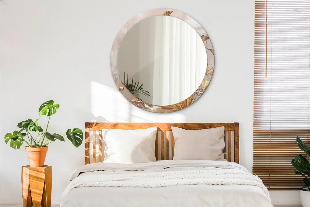 Kulaté dekorační zrcadlo na zeď listy ve stylu boho