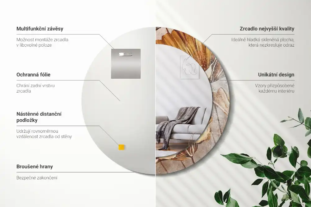 Kulaté dekorační zrcadlo na zeď listy ve stylu boho