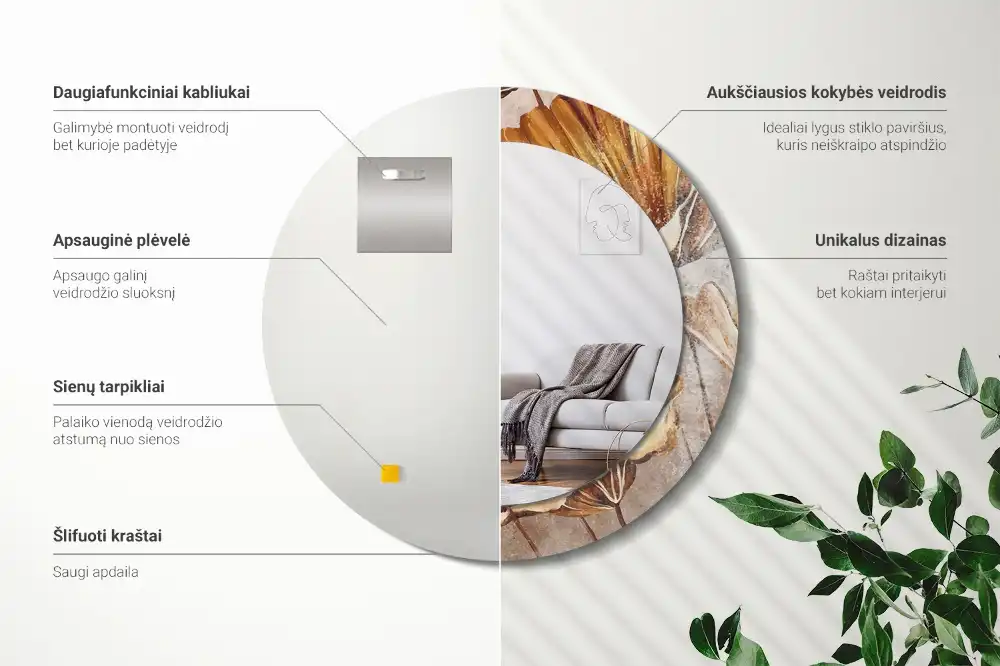 Kulaté dekorační zrcadlo na zeď listy ve stylu boho