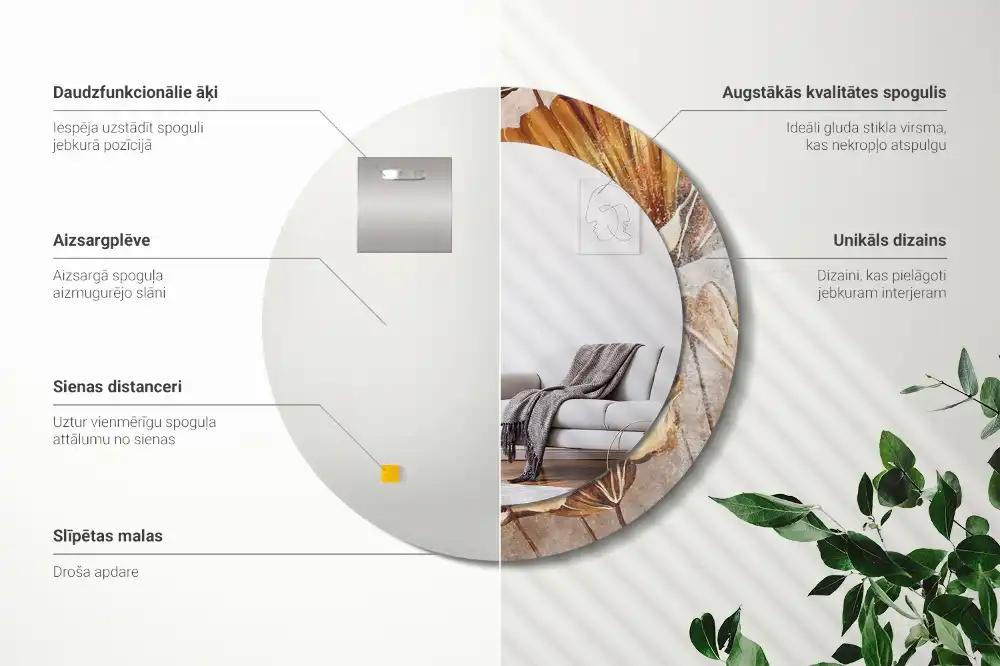 Kulaté dekorační zrcadlo na zeď listy ve stylu boho