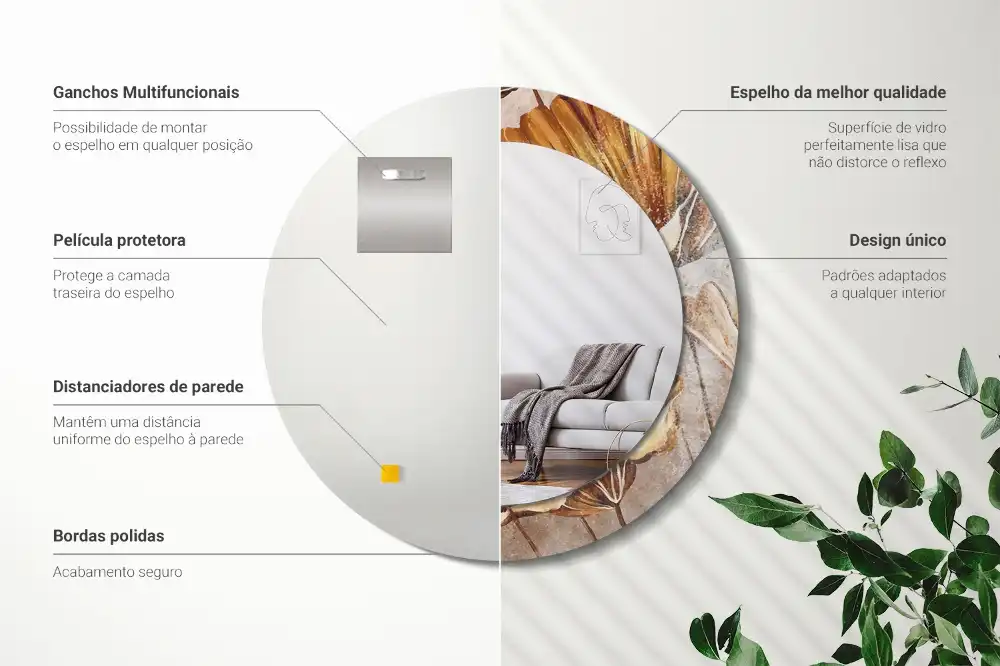Kulaté dekorační zrcadlo na zeď listy ve stylu boho