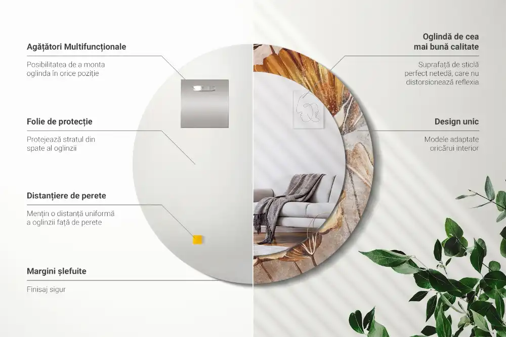 Kulaté dekorační zrcadlo na zeď listy ve stylu boho