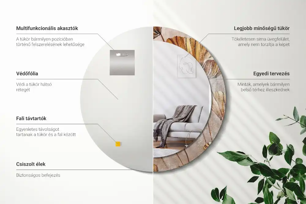 Kulaté dekorační zrcadlo na zeď listy ve stylu boho