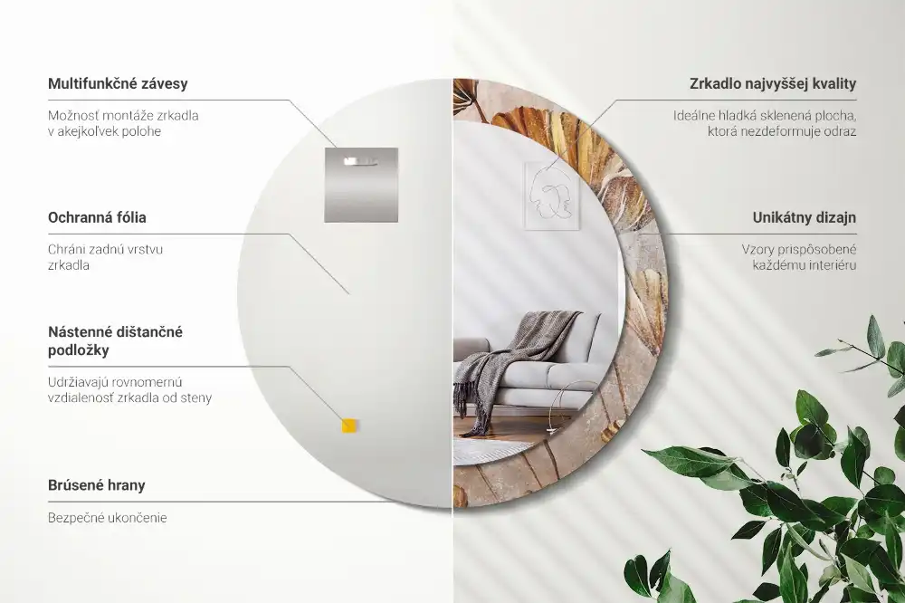 Kulaté dekorační zrcadlo na zeď listy ve stylu boho
