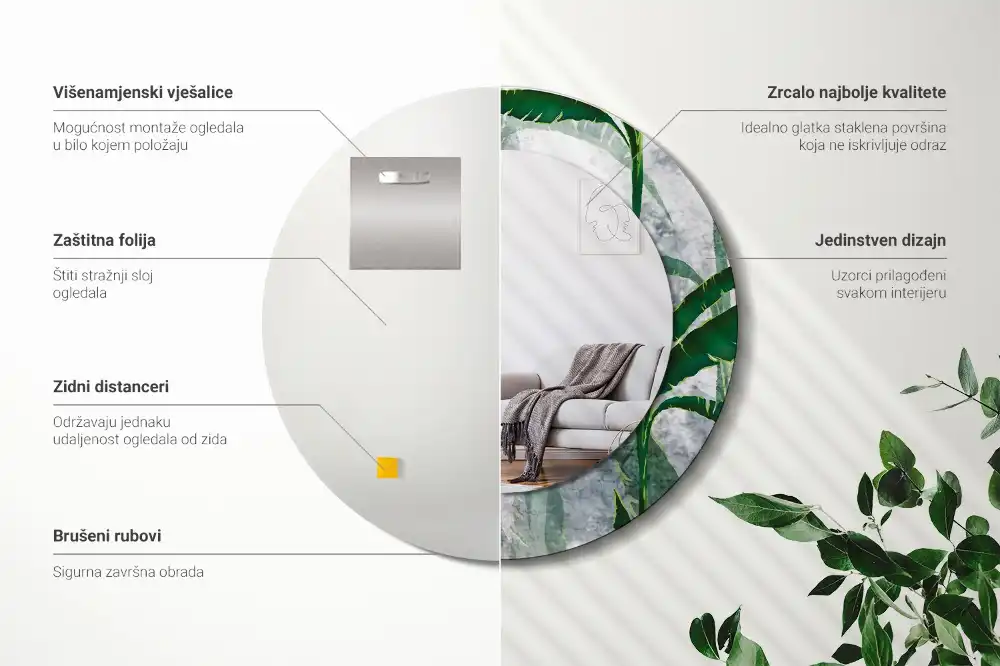 Kulaté dekorační zrcadlo na zeď tropické listy
