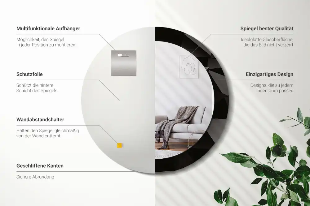 Kulaté zrcadlo tištěný rám černá abstrakce