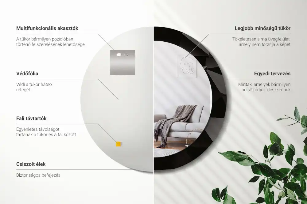 Kulaté zrcadlo tištěný rám černá abstrakce