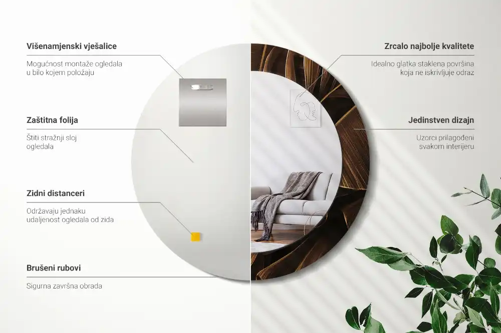 Kulaté zrcadlo tištěný rám hnědé banánové listy