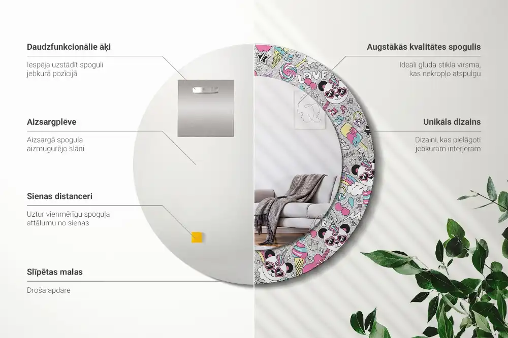 Kulaté zrcadlo tištěný rám jednorožec panda