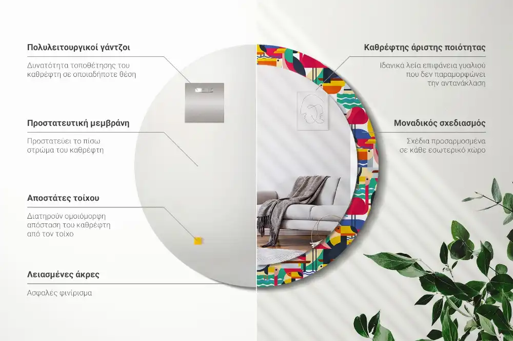 Kulaté zrcadlo tištěný rám tropičtí ptáci v geometrii