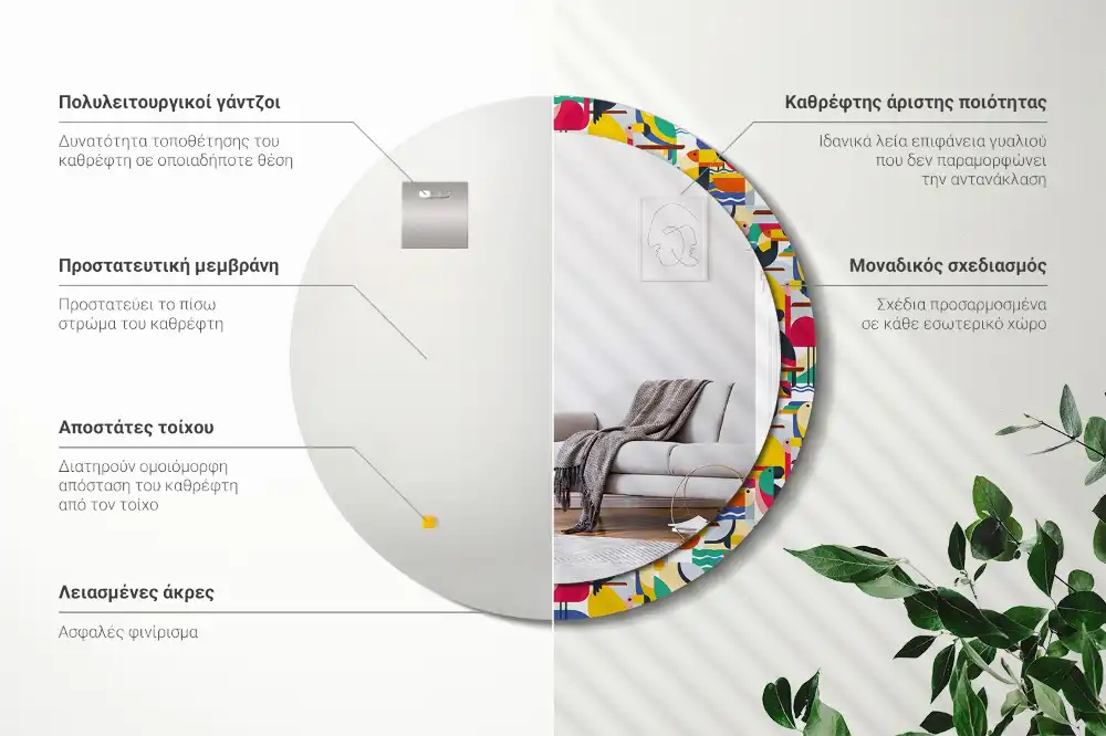 Kulaté zrcadlo tištěný rám tropičtí ptáci v geometrii