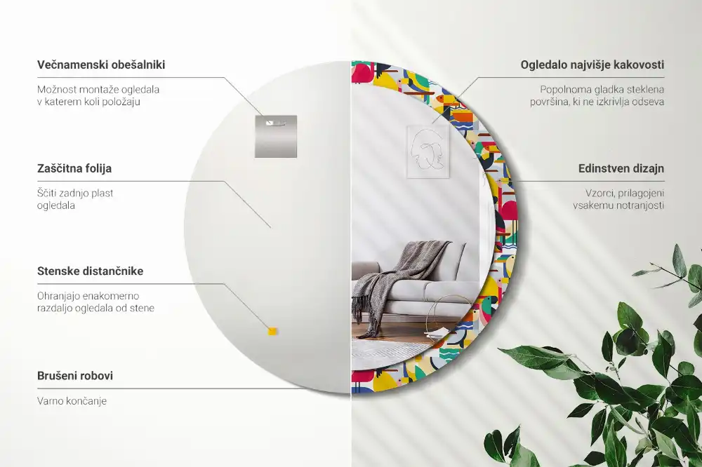 Kulaté zrcadlo tištěný rám tropičtí ptáci v geometrii