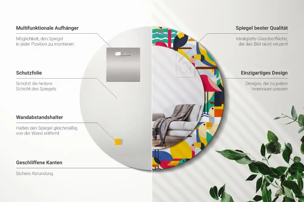 Kulaté zrcadlo tištěný rám tropičtí ptáci v geometrii