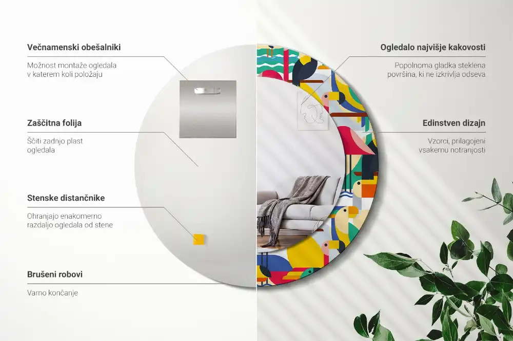 Kulaté zrcadlo tištěný rám tropičtí ptáci v geometrii